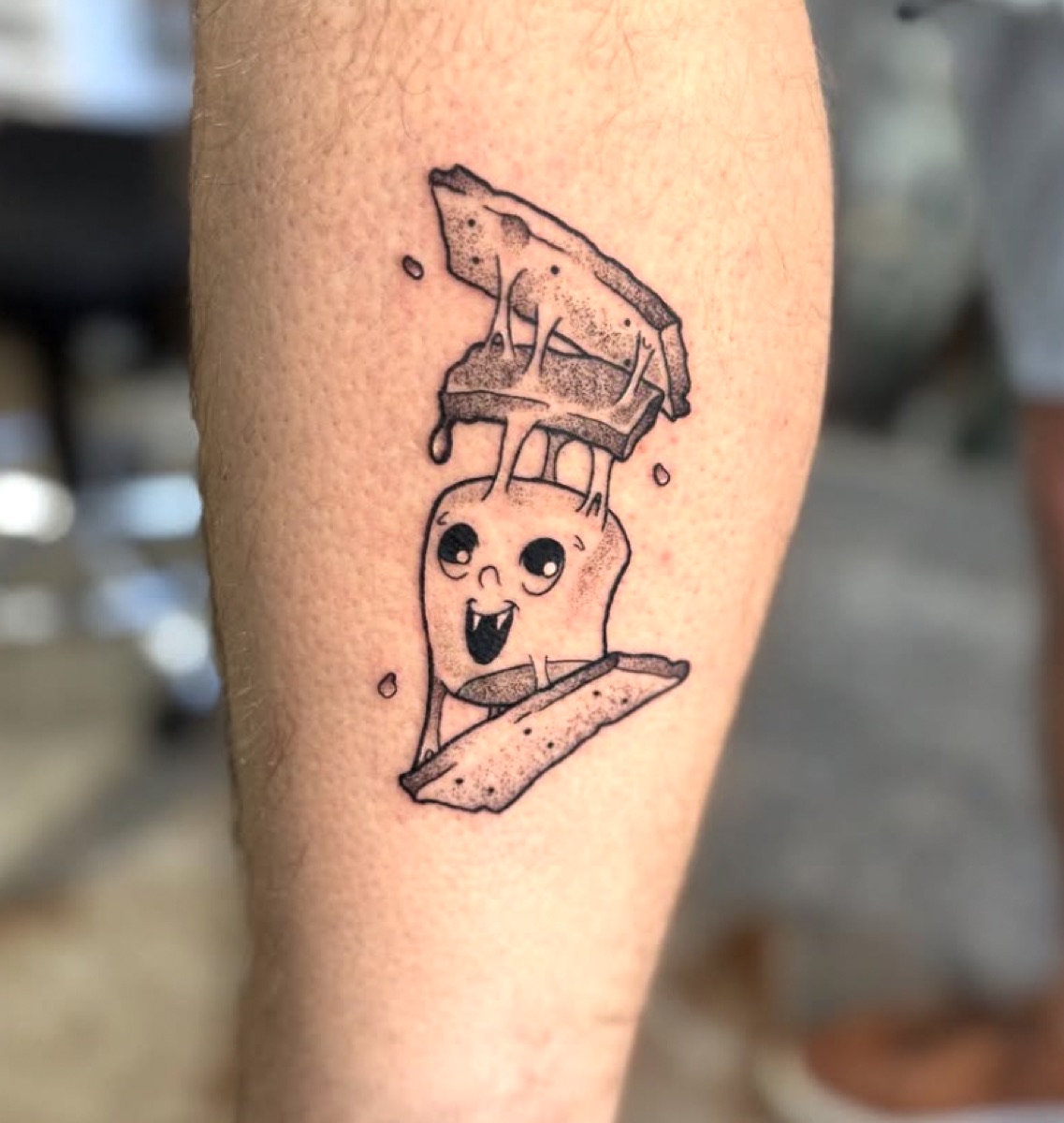Smiling s'mores character — playful dotwork tattoo by Cat Bernardy