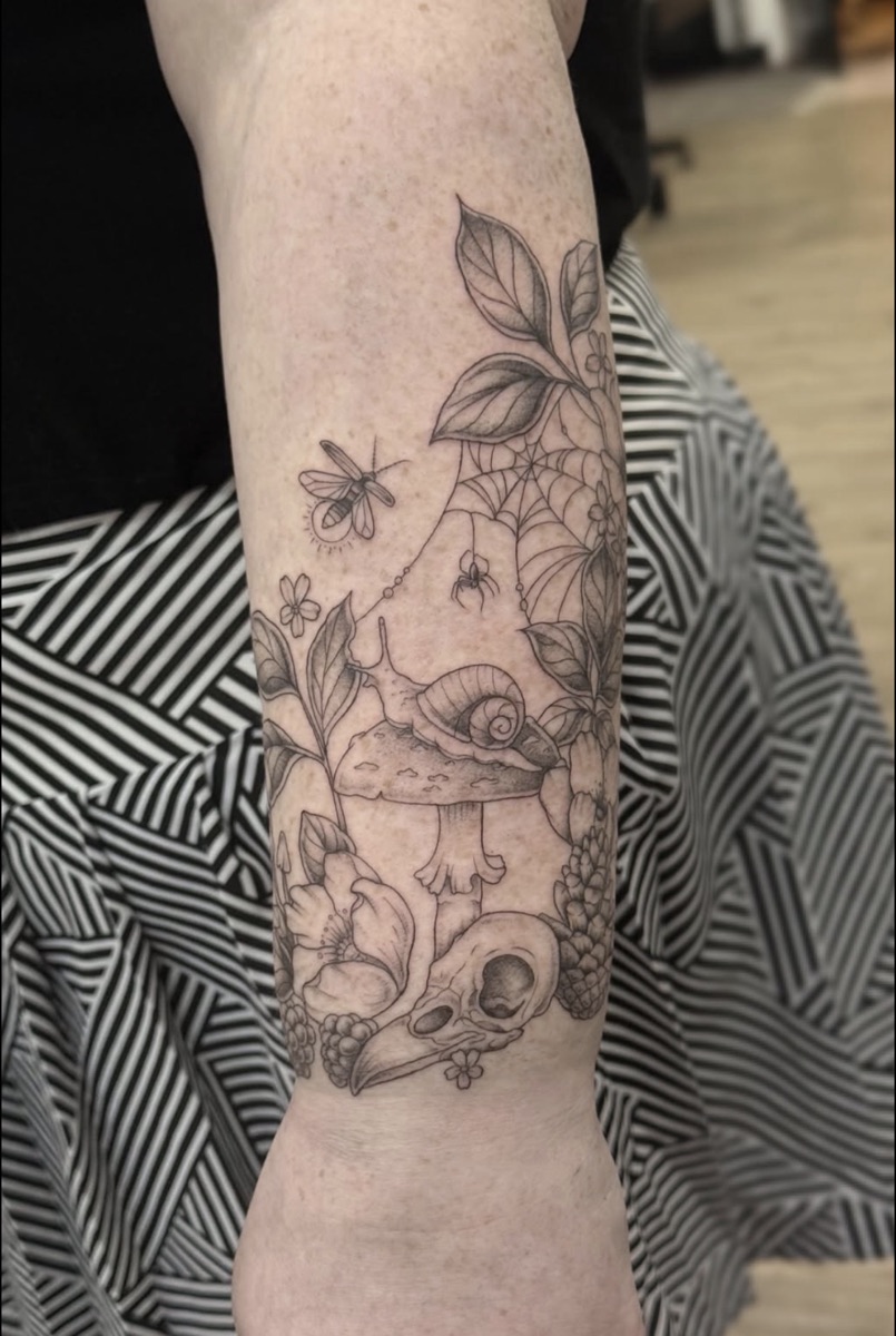 Black and grey fine line tattoo by Samantha Gunning