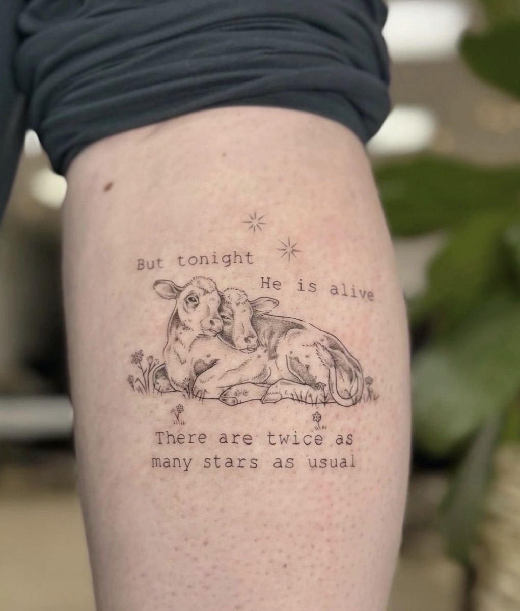 Landscape scene with hand-written lyrics — fine line tattoo by Samantha Gunning